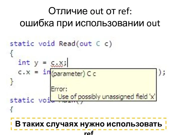 Отличие out от ref: ошибка при использовании out В таких случаях нужно использовать ref