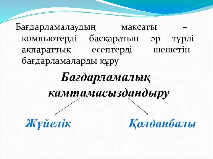 Бағдарламалаудың мақсаты – компьютерді басқаратын әр түрлі ақпараттық есептерді шешетін бағдарламаларды құру Бағдарламалық камтамасыздандыру Жүйелік Қолданбалы