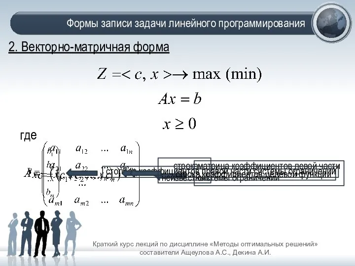 Формы записи задачи линейного программирования Краткий курс лекций по дисциплине «Методы