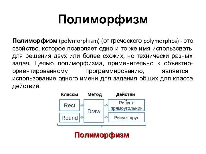 Полиморфизм Полиморфизм (polymorphism) (от греческого polymorphos) - это свойство, которое позволяет