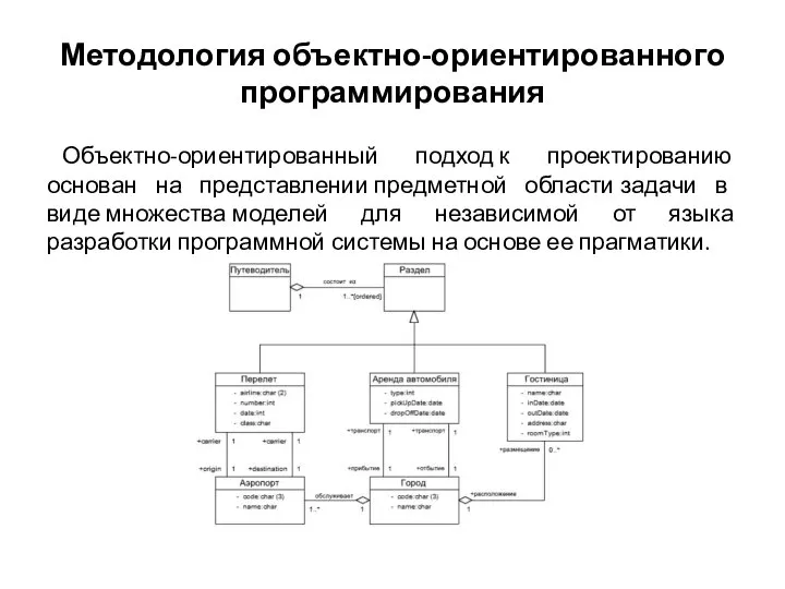 Методология объектно-ориентированного программирования Объектно-ориентированный подход к проектированию основан на представлении предметной