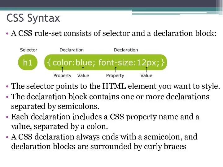 CSS Syntax A CSS rule-set consists of selector and a declaration