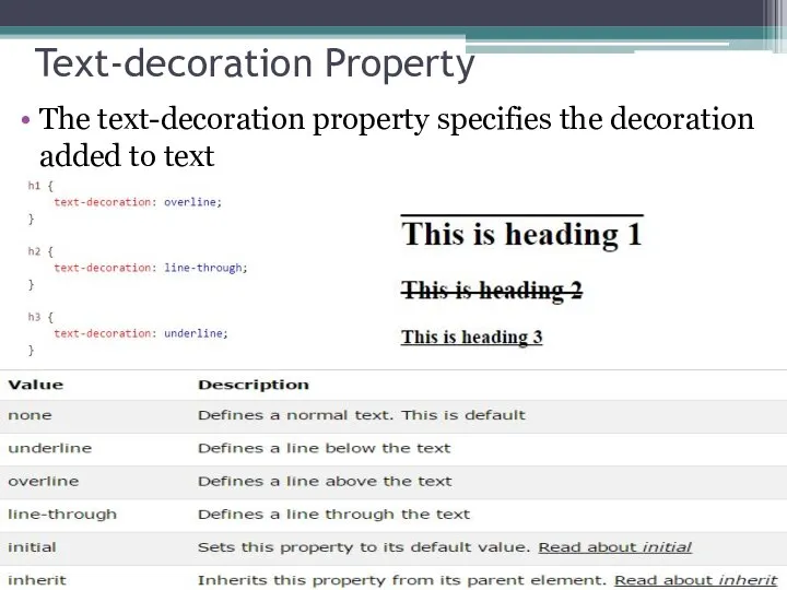 Text-decoration Property The text-decoration property specifies the decoration added to text