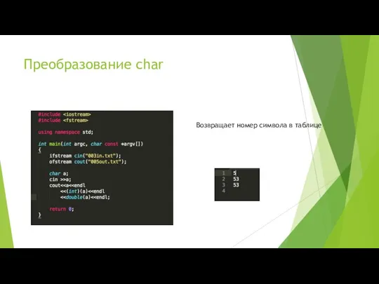 Преобразование char Возвращает номер символа в таблице