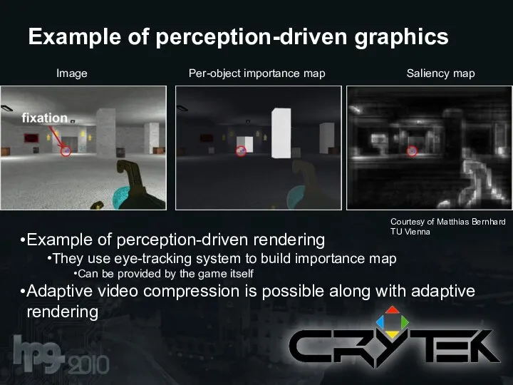 Example of perception-driven graphics Image Per-object importance map Saliency map Courtesy