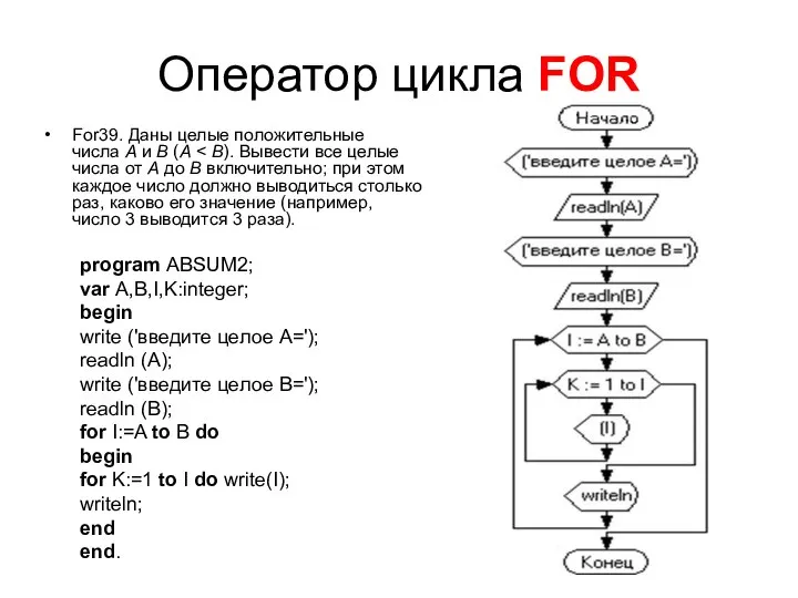 Оператор цикла FOR For39. Даны целые положительные числа A и B