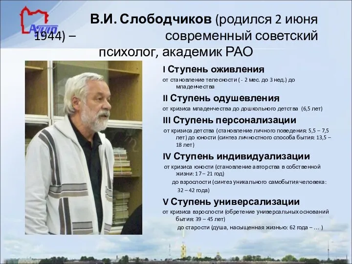 В.И. Слободчиков (родился 2 июня 1944) – современный советский психолог, академик