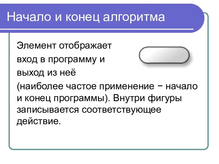 Начало и конец алгоритма Элемент отображает вход в программу и выход