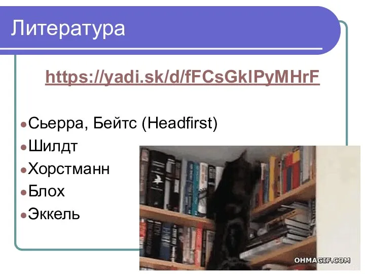 Литература https://yadi.sk/d/fFCsGklPyMHrF Сьерра, Бейтс (Headfirst) Шилдт Хорстманн Блох Эккель