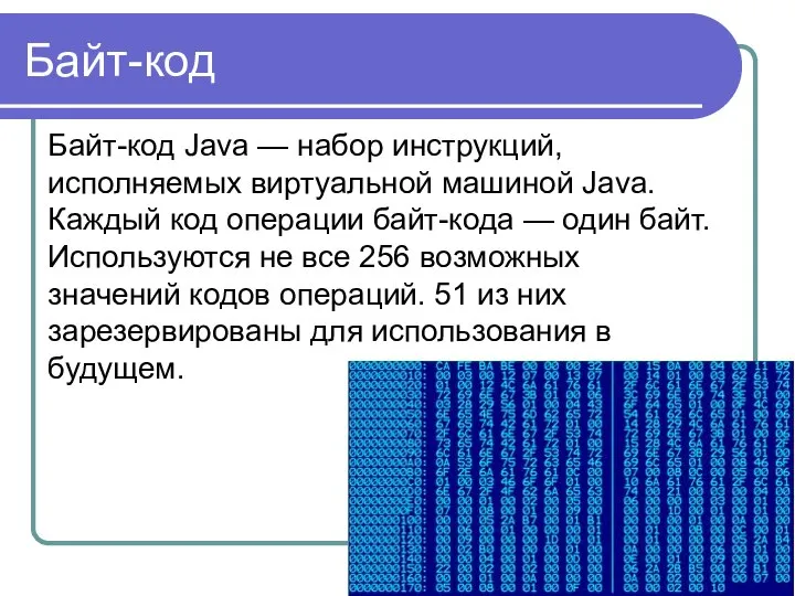 Байт-код Байт-код Java — набор инструкций, исполняемых виртуальной машиной Java. Каждый