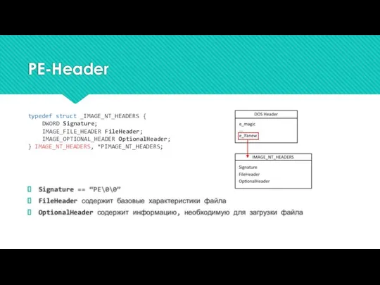 PE-Header typedef struct _IMAGE_NT_HEADERS { DWORD Signature; IMAGE_FILE_HEADER FileHeader; IMAGE_OPTIONAL_HEADER OptionalHeader;