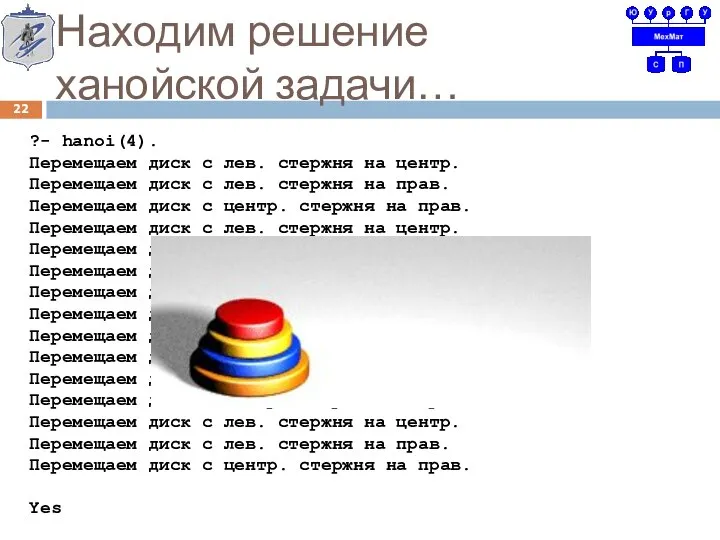 Находим решение ханойской задачи… ?- hanoi(4). Перемещаем диск с лев. стержня