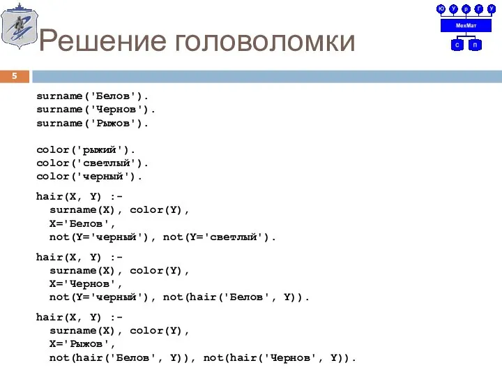 Решение головоломки surname('Белов'). surname('Чернов'). surname('Рыжов'). color('рыжий'). color('светлый'). color('черный'). hair(X, Y) :-
