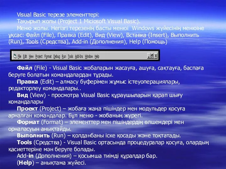 Visual Basic терезе элементтері: Тақырып жолы (Project 1 Miciosoft Visual Basic).