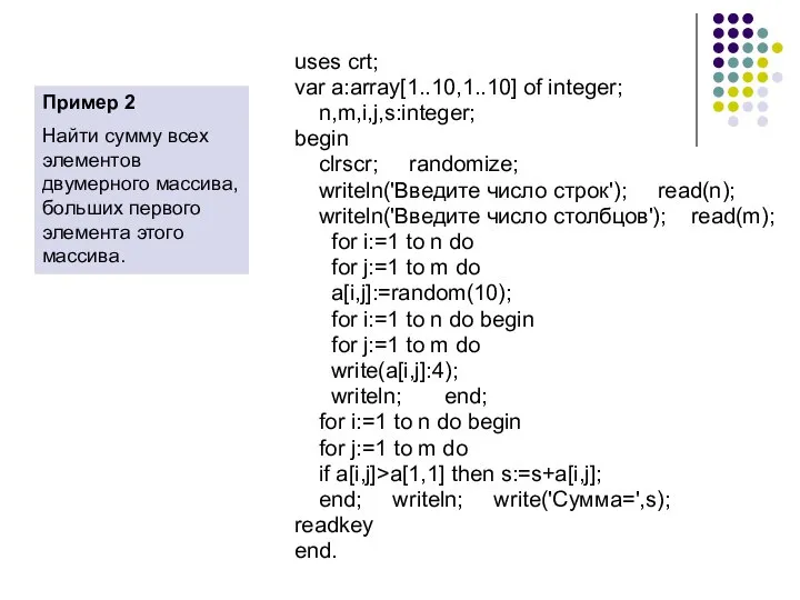 uses crt; var a:array[1..10,1..10] of integer; n,m,i,j,s:integer; begin clrscr; randomize; writeln('Введите