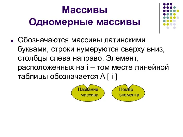 Обозначаются массивы латинскими буквами, строки нумеруются сверху вниз, столбцы слева направо.