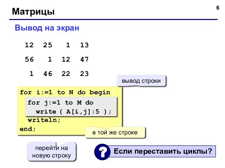 Матрицы Вывод на экран for i:=1 to N do begin writeln;