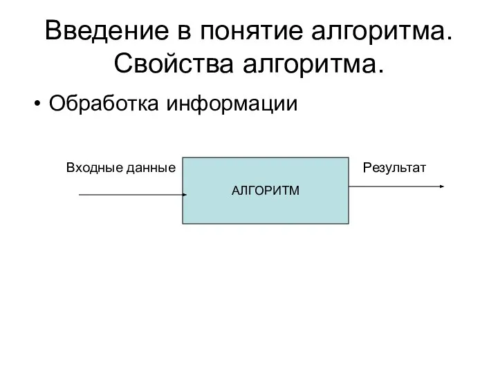 Введение в понятие алгоритма. Свойства алгоритма. Обработка информации Входные данные Результат АЛГОРИТМ