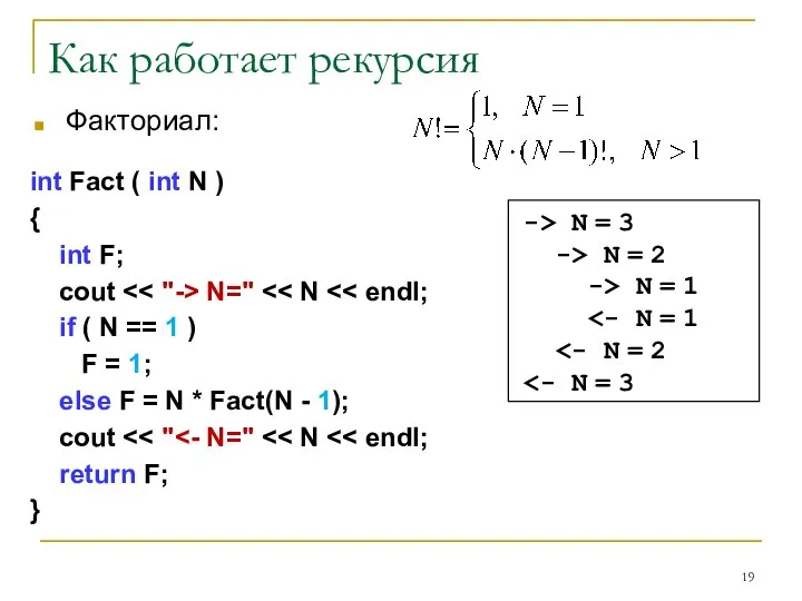 Как работает рекурсия Факториал: int Fact ( int N ) {