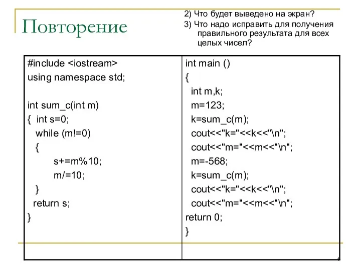 Повторение 2) Что будет выведено на экран? 3) Что надо исправить