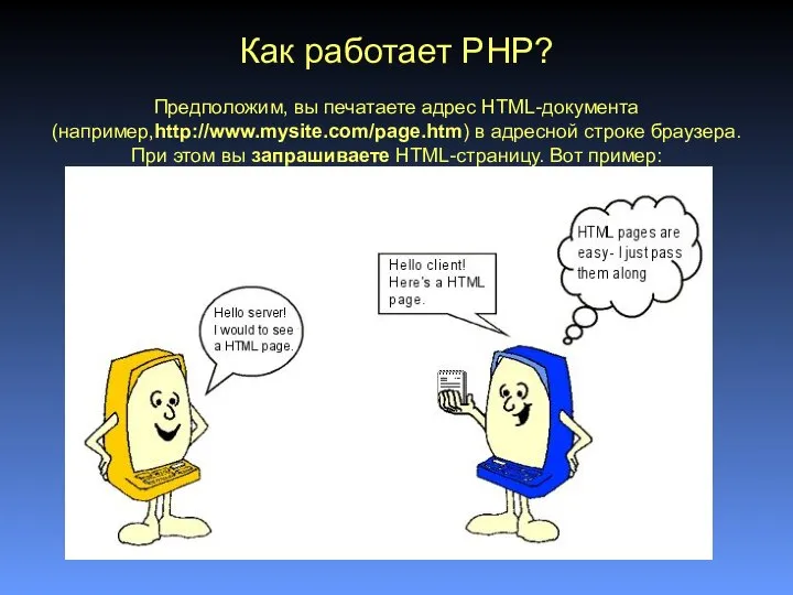 Как работает PHP? Предположим, вы печатаете адрес HTML-документа (например,http://www.mysite.com/page.htm) в адресной