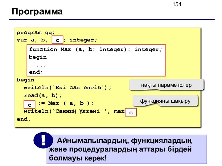 Программа program qq; var a, b, max: integer; begin writeln(‘Екі сан