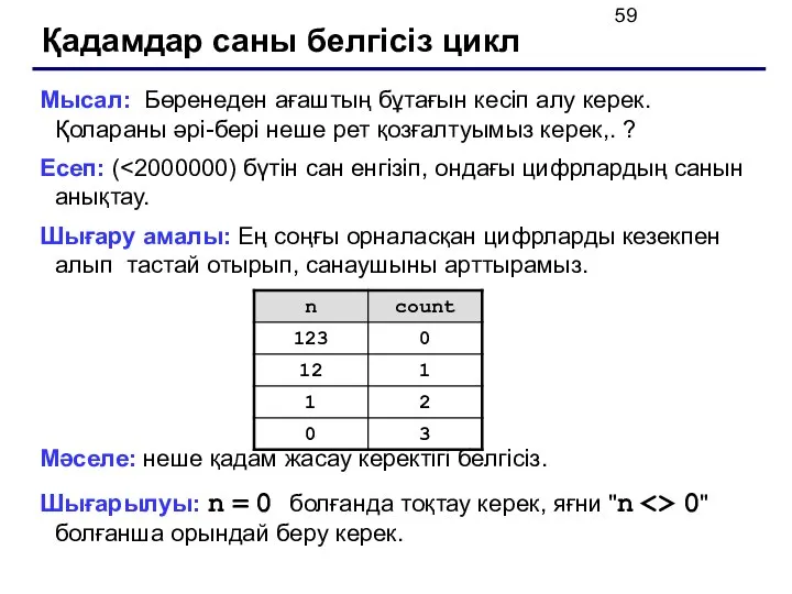 Қадамдар саны белгісіз цикл Мысал: Бөренеден ағаштың бұтағын кесіп алу керек.