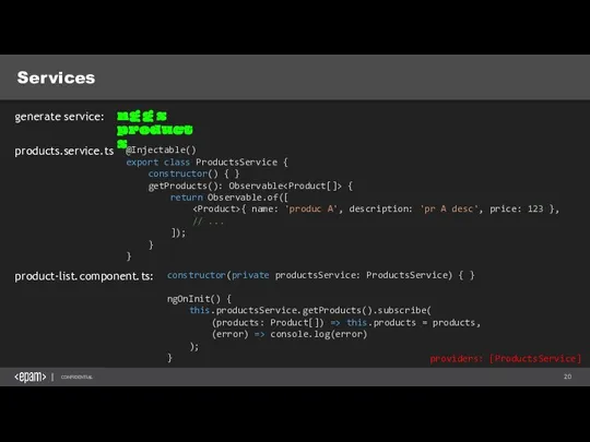 Services ng g s products generate service: products.service.ts @Injectable() export class
