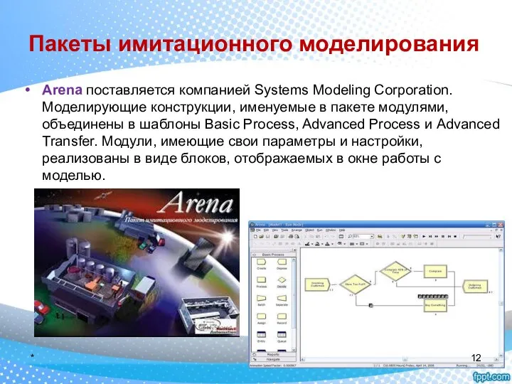 Пакеты имитационного моделирования Arena поставляется компанией Systems Mode­ling Corporation. Моделирующие конструкции,