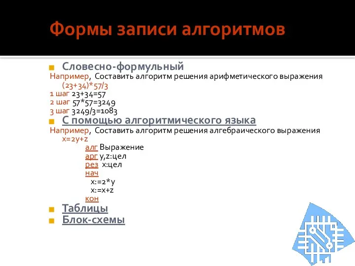 Формы записи алгоритмов Словесно-формульный Например, Составить алгоритм решения арифметического выражения (23+34)*57/3