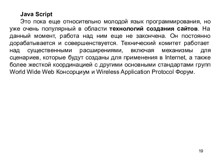 Java Script Это пока еще относительно молодой язык программирования, но уже