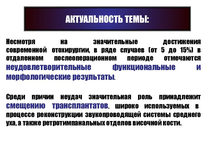 АКТУАЛЬНОСТЬ ТЕМЫ: Несмотря на значительные достижения современной отохирургии, в ряде случаев