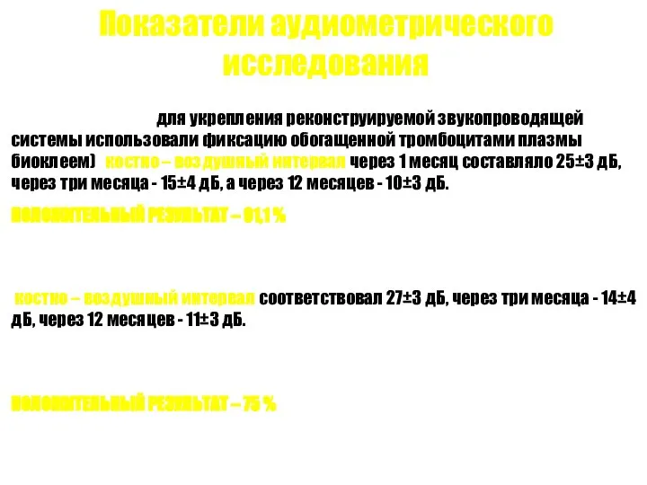 Показатели аудиометрического исследования Опытная группа – (для укрепления реконструируемой звукопроводящей системы