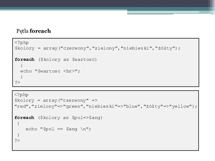 $kolory = array("czerwony","zielony","niebieski","żółty"); foreach ($kolory as $wartosc) { echo "$wartosc ";