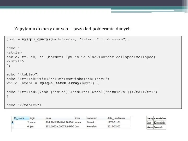 Zapytania do bazy danych – przykład pobierania danych $pyt = mysqli_query($polaczenie,