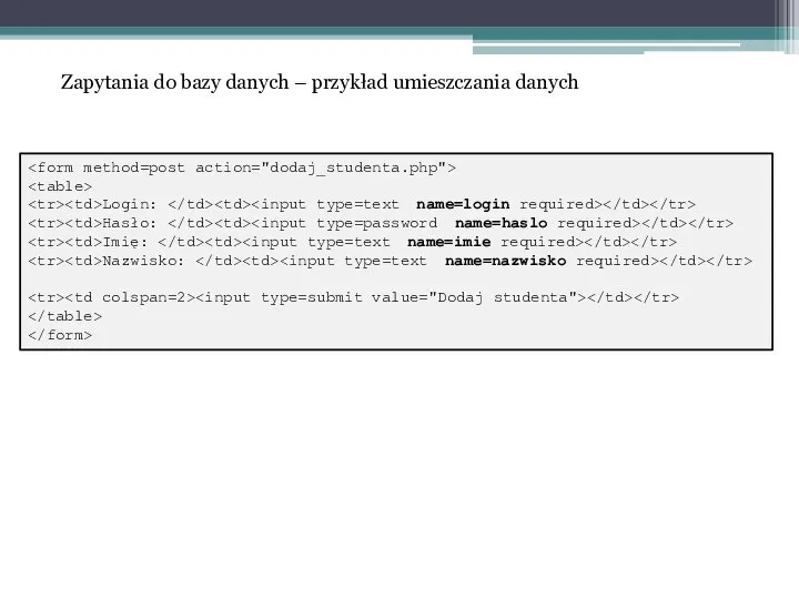 Zapytania do bazy danych – przykład umieszczania danych Login: Hasło: Imię: Nazwisko: