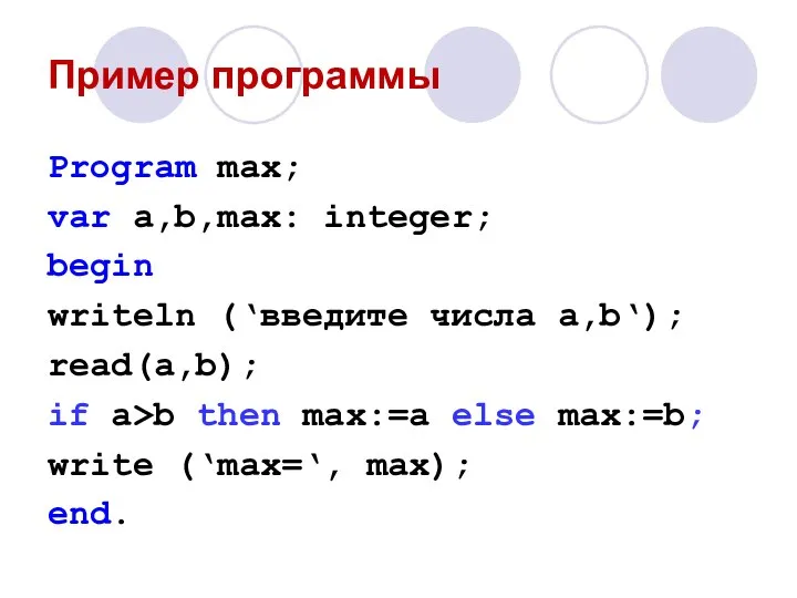 Пример программы Program max; var a,b,max: integer; begin writeln (‘введите числа