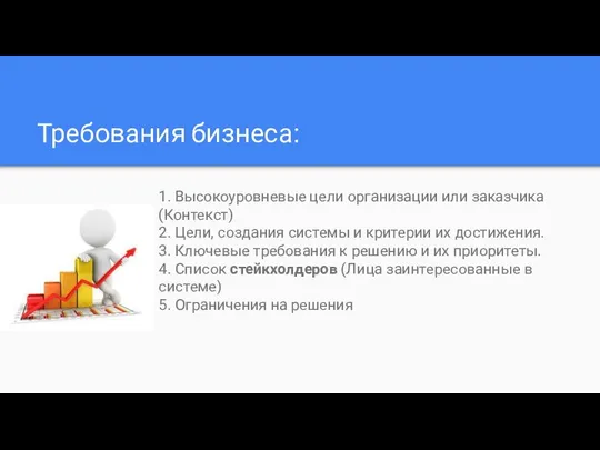 Требования бизнеса: 1. Высокоуровневые цели организации или заказчика(Контекст) 2. Цели, создания