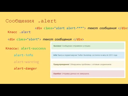 Сообщения .alert текст сообщения Классы: alert-success alert-info alert-warning alert-danger текст сообщения Класс .alert текст сообщения