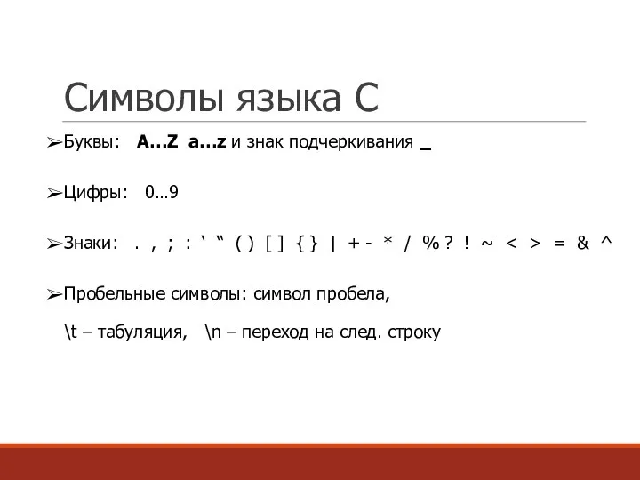 Символы языка С Буквы: A…Z a…z и знак подчеркивания _ Цифры: