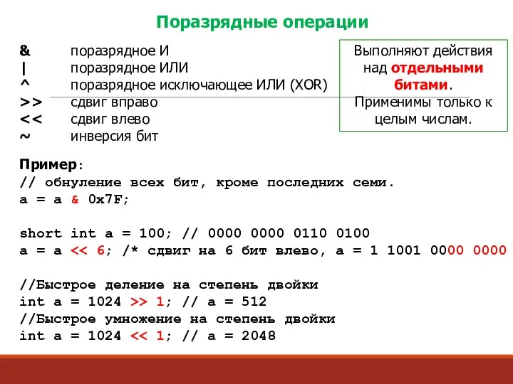 Выполняют действия над отдельными битами. Применимы только к целым числам. Поразрядные