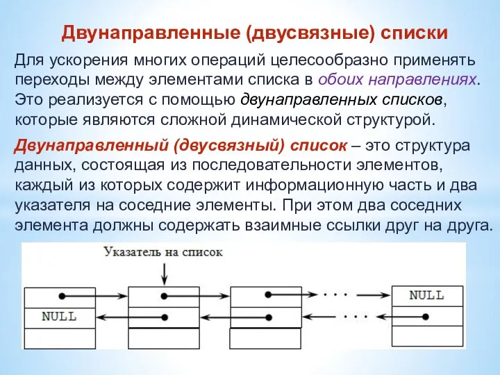 Двунаправленные (двусвязные) списки Для ускорения многих операций целесообразно применять переходы между