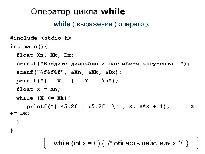 #include int main(){ float Xn, Xk, Dx; printf("Введите диапазон и шаг