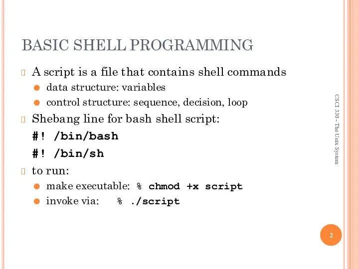 BASIC SHELL PROGRAMMING A script is a file that contains shell