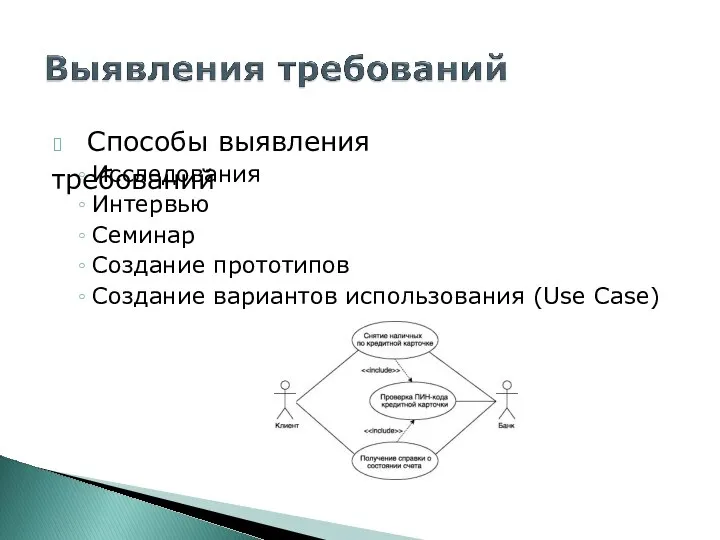 ? Способы выявления требований Исследования Интервью Семинар Создание прототипов Создание вариантов использования (Use Case)