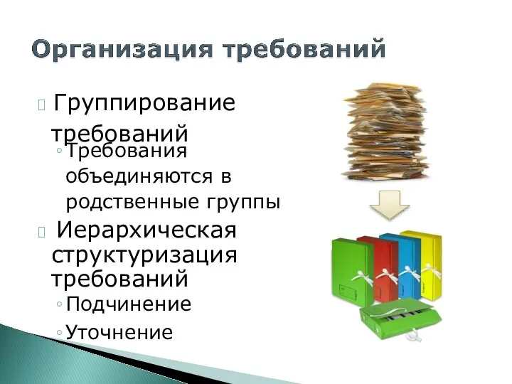 ? Группирование требований Требования объединяются в родственные группы ? Иерархическая структуризация требований Подчинение Уточнение