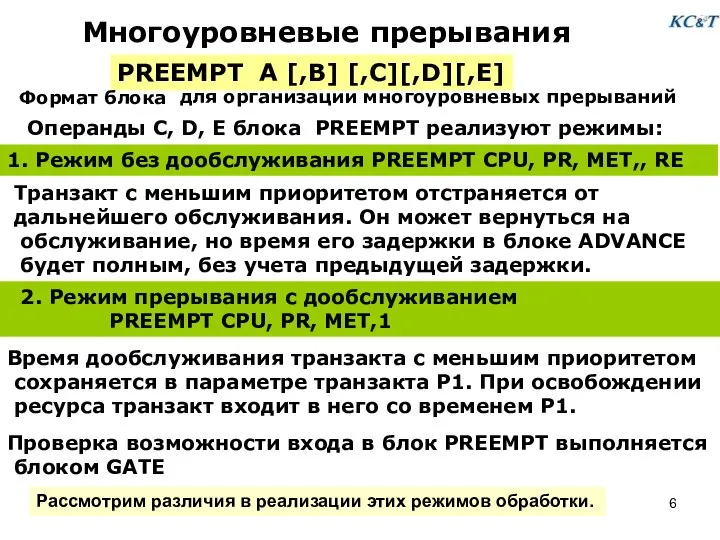 Многоуровневые прерывания PREEMPT A [,B] [,C][,D][,E] Операнды C, D, E блока