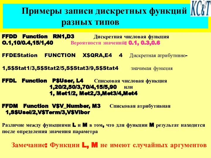 FFDD Function RN1,D3 Дискретная числовая функция O.1,10/0.4,15/1,40 Вероятности значений: 0.1, 0.3,0.6