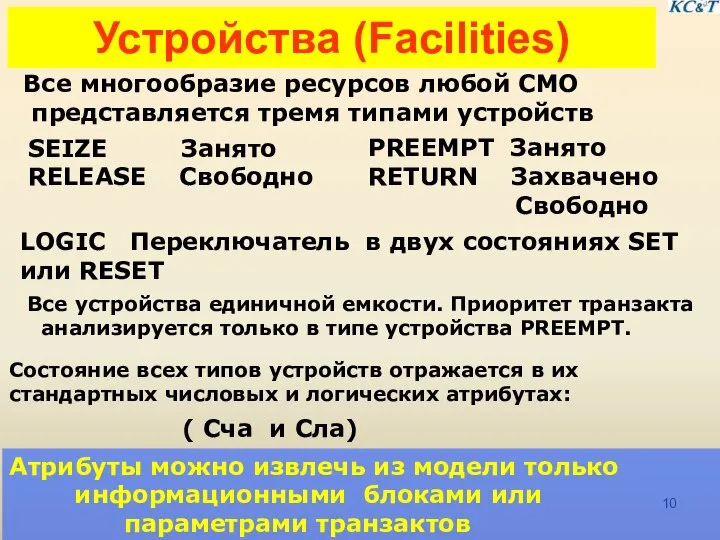 Устройства (Facilities) Все многообразие ресурсов любой СМО представляется тремя типами устройств