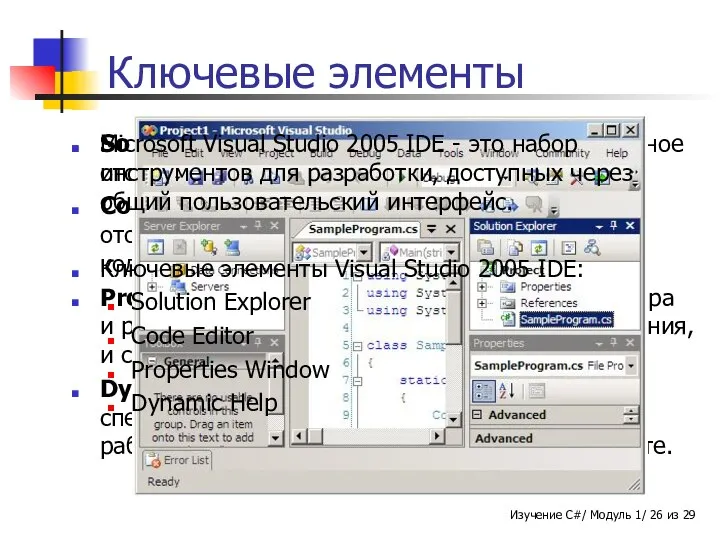 Solution Explorer - Предоставляет организованное отображение проектов и файлов. Code Editor